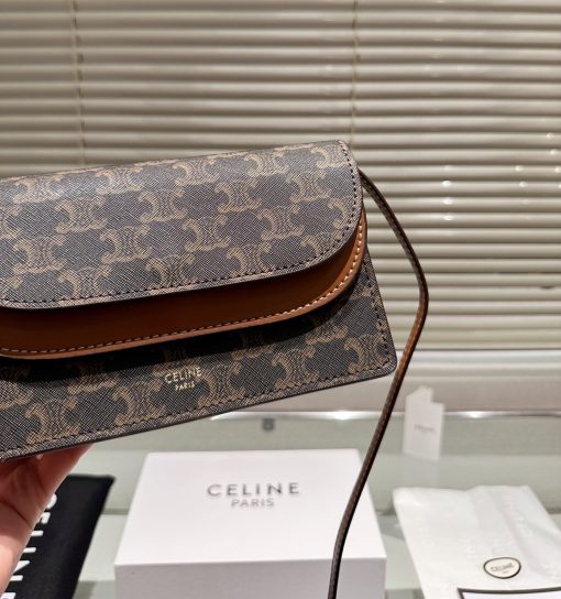 Celine Wallet On Strap In Triomphe Canvas And Smooth Lambskin Tan 20Cm - Image 6