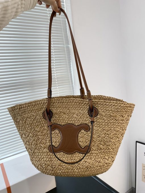 Celine Triomphe Panier In Raffia And Calfskin Tan 31Cm - Image 6