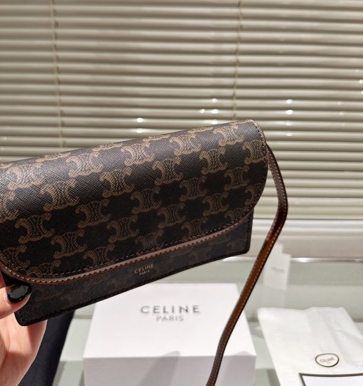 Celine Wallet On Strap In Triomphe Canvas And Smooth Lambskin Tan 20Cm - Image 7