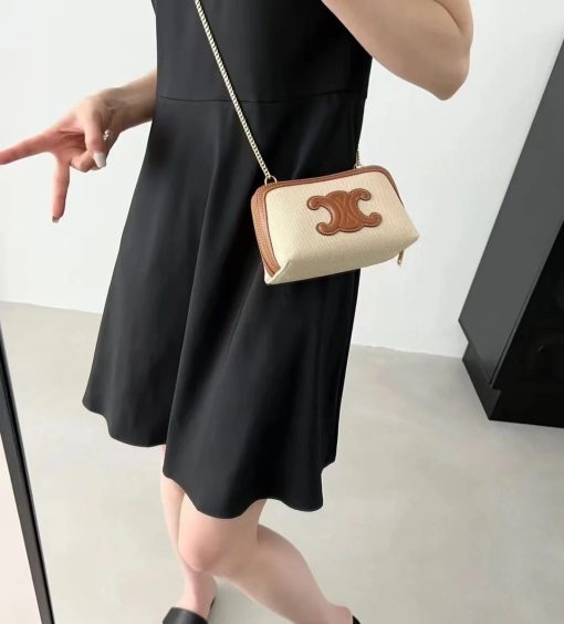 Celine Clutch On Chain Cuir Triomphe In Textile And Calfskin Natural Tan 17Cm - Image 9