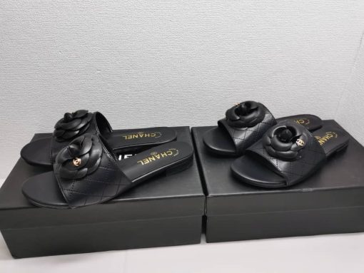 Chanel Camellia Leather Slides Black - Image 2