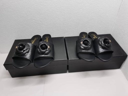 Chanel Camellia Leather Slides Black - Image 3