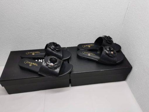 Chanel Camellia Leather Slides Black - Image 4