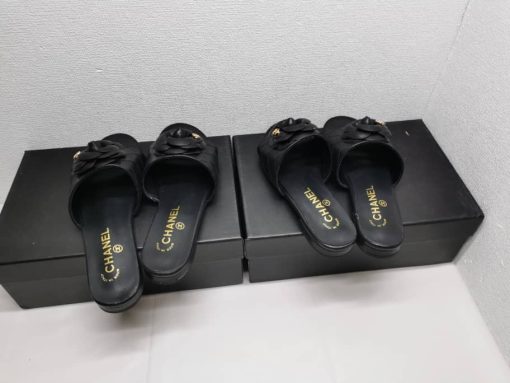 Chanel Camellia Leather Slides Black - Image 5