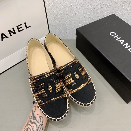 Chanel Metallic Tweed Grosgrain Cc Espadrilles Slip On Gold Black - Image 3