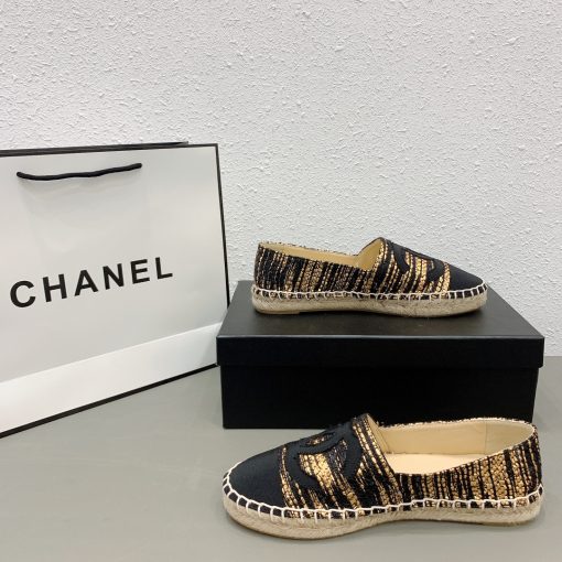 Chanel Metallic Tweed Grosgrain Cc Espadrilles Slip On Gold Black - Image 4