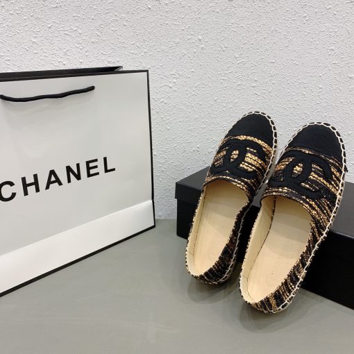 Chanel Metallic Tweed Grosgrain Cc Espadrilles Slip On Gold Black - Image 5