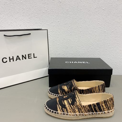 Chanel Metallic Tweed Grosgrain Cc Espadrilles Slip On Gold Black - Image 7