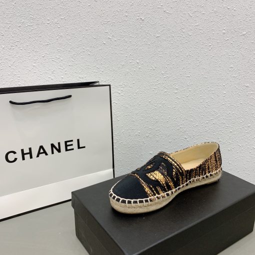 Chanel Metallic Tweed Grosgrain Cc Espadrilles Slip On Gold Black - Image 8