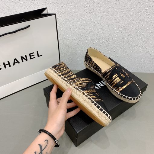 Chanel Metallic Tweed Grosgrain Cc Espadrilles Slip On Gold Black - Image 9