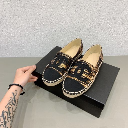 Chanel Metallic Tweed Grosgrain Cc Espadrilles Slip On Gold Black - Image 10