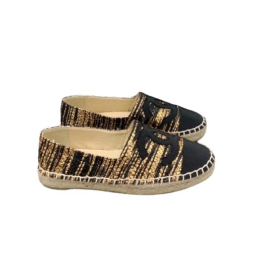 Chanel Metallic Tweed Grosgrain Cc Espadrilles Slip On Gold Black - Image 11
