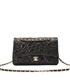 Chanel Flap Bag With Camellia Flower Chain Black 26Cm