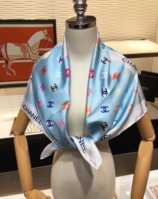 Chanel CC Hearts Letter Monogram Logo Bow Print Scarf Blue - Image 2