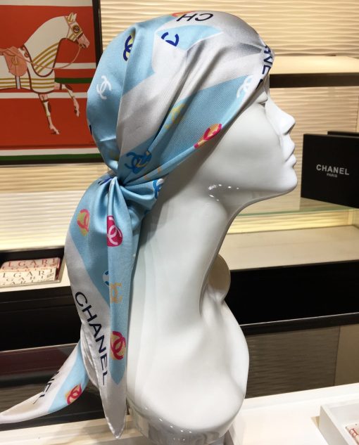 Chanel CC Hearts Letter Monogram Logo Bow Print Scarf Blue - Image 5