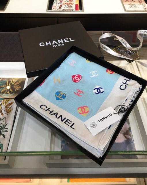 Chanel CC Hearts Letter Monogram Logo Bow Print Scarf Blue - Image 7