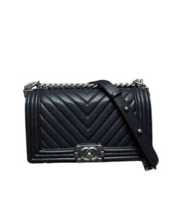 Chanel Boy Caviar Chevron Quilted Flap Bag Black 25Cm