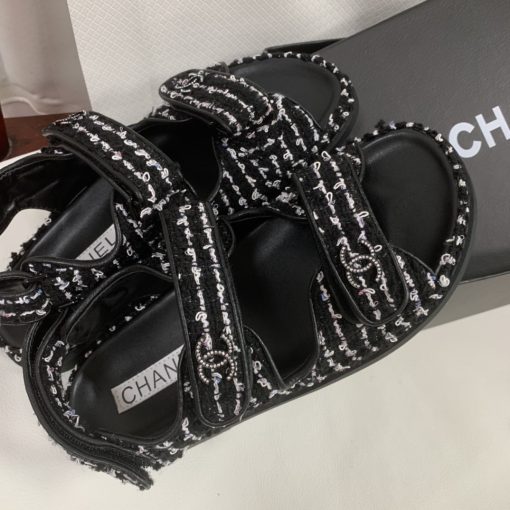 Chanel Tweed Dad Interlocking Cc Slingback Sandals Black G35927 X56390 K3756 - Image 4