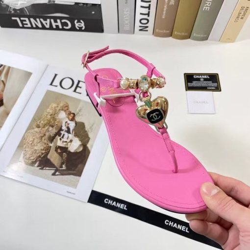 Chanel Shiny Lambskin Pearl Crystal Cc Heart Thong Sandals Pink - Image 6
