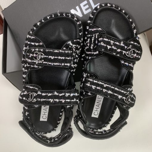 Chanel Tweed Dad Interlocking Cc Slingback Sandals Black G35927 X56390 K3756 - Image 7