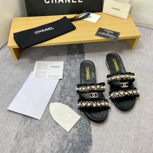 Chanel Mule Slippers Pearl Tweed Black - Image 2