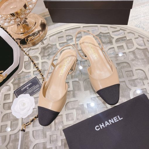 Chanel Lambskin Grosgrain Cap Toe Cc Slingback Flats Beige - Image 4