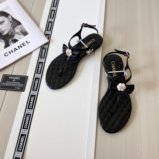 Chanel Black Quilted Leather With White Camellia Cc Logo Sandals G45258 X01000 94305 - Image 5