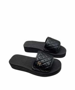 Chanel Cc Quilted Platform Slides Black