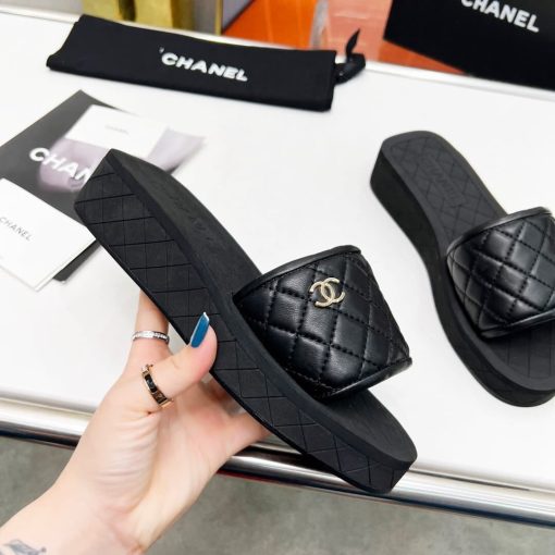 Chanel Cc Quilted Platform Slides Black - Image 5
