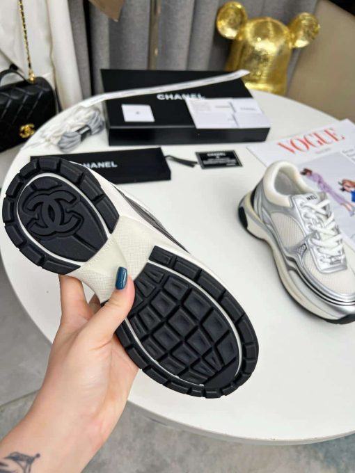 Chanel 23C Silver Metallic Cc Logo Lace Up Flat Runner Trainer Sneaker White G39792 Y56368 K5451 - Image 2