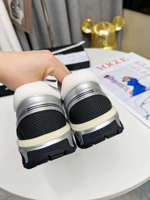 Chanel 23C Silver Metallic Cc Logo Lace Up Flat Runner Trainer Sneaker White G39792 Y56368 K5451 - Image 3