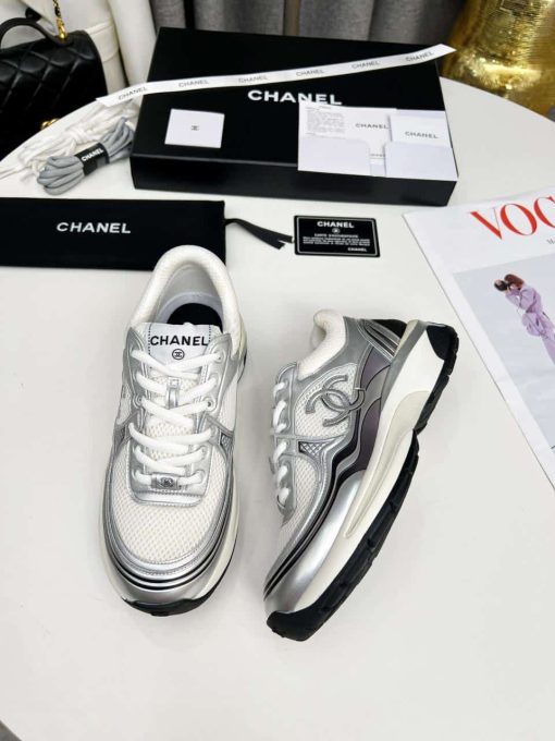 Chanel 23C Silver Metallic Cc Logo Lace Up Flat Runner Trainer Sneaker White G39792 Y56368 K5451 - Image 4