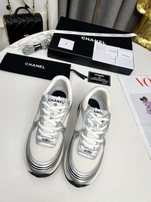 Chanel 23C Silver Metallic Cc Logo Lace Up Flat Runner Trainer Sneaker White G39792 Y56368 K5451 - Image 5