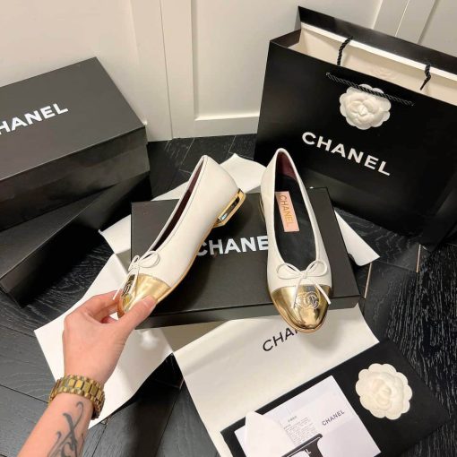 Chanel Leather Cap Toe Ballet Flats White Gold - Image 2
