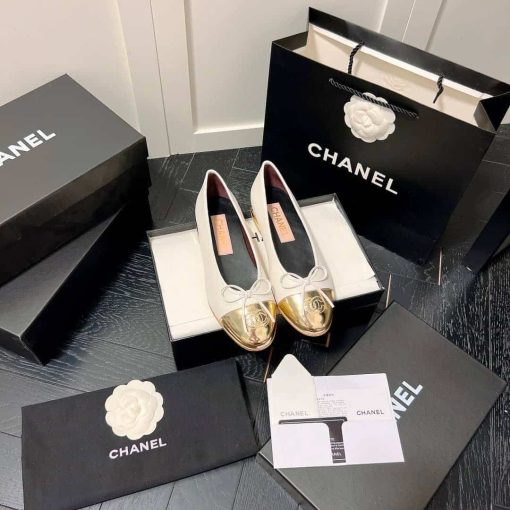 Chanel Leather Cap Toe Ballet Flats White Gold - Image 4