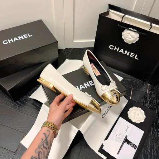 Chanel Leather Cap Toe Ballet Flats White Gold - Image 6
