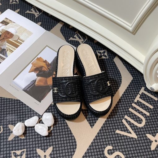 Chanel Tweed Cc Platform Slide Sandals Black - Image 3