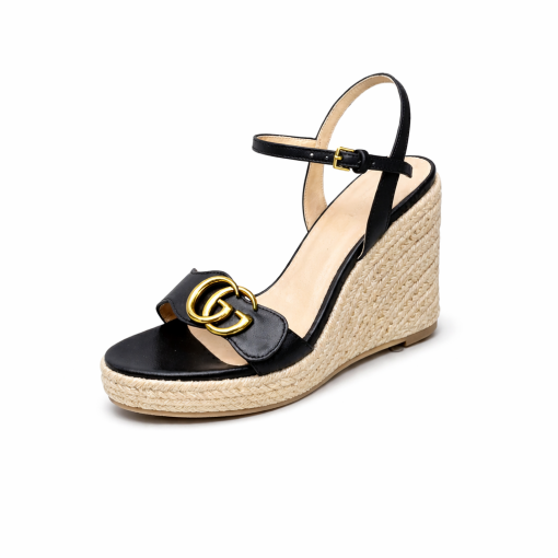 Gucci Leather Wedge Espadrille Sandals Black 8Cm - Image 2