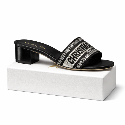 Dior Dway Heeled Slide Embroided Cotton Black - Image 2