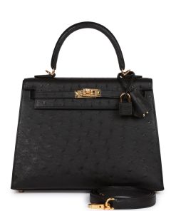 Hermes Kelly Sellier 25 Black Ostrich Gold Hardware