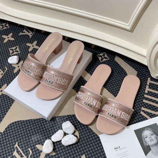 Dior Dway Slide Calfskin And Embroidered Cotton Nude  Kcq986Cey S21U - Image 2