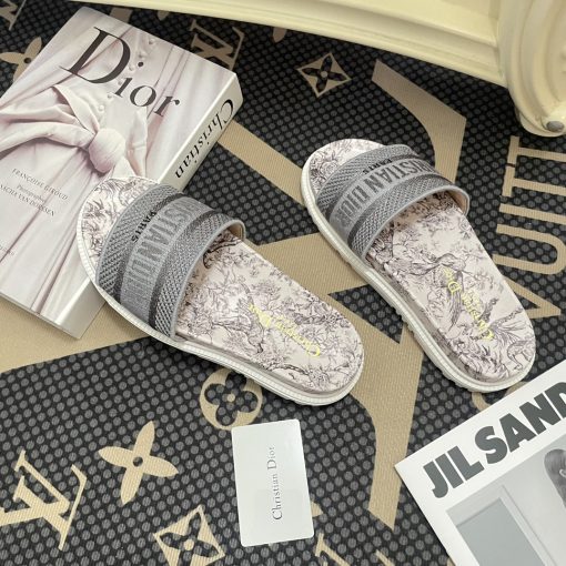 Dior Dway Toile De Jouy Embroidered Cotton Slide Sandals Gray - Image 7