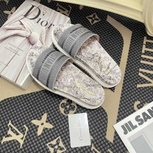 Dior Dway Toile De Jouy Embroidered Cotton Slide Sandals Gray - Image 6