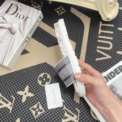 Dior Dway Toile De Jouy Embroidered Cotton Slide Sandals Gray - Image 4