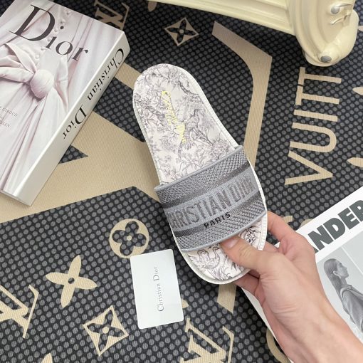 Dior Dway Toile De Jouy Embroidered Cotton Slide Sandals Gray - Image 3