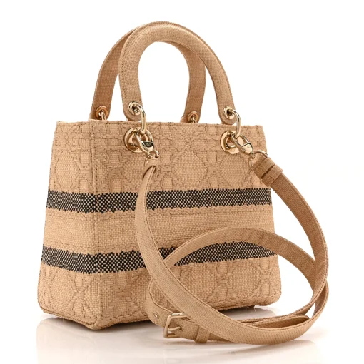 Dior Raffia Woven Cannage Embroidered Medium Lady D-Lite Natural Black - Image 5