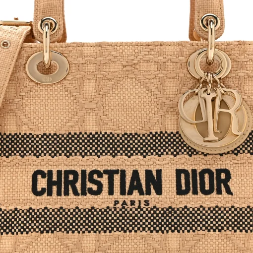 Dior Raffia Woven Cannage Embroidered Medium Lady D-Lite Natural Black - Image 2