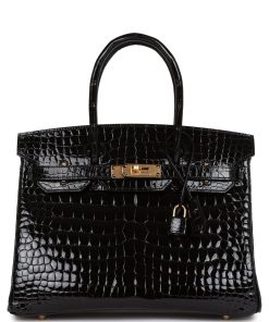 H Handbags Birkin 30 Black Shiny Niloticus Crocodile Gold Hardware