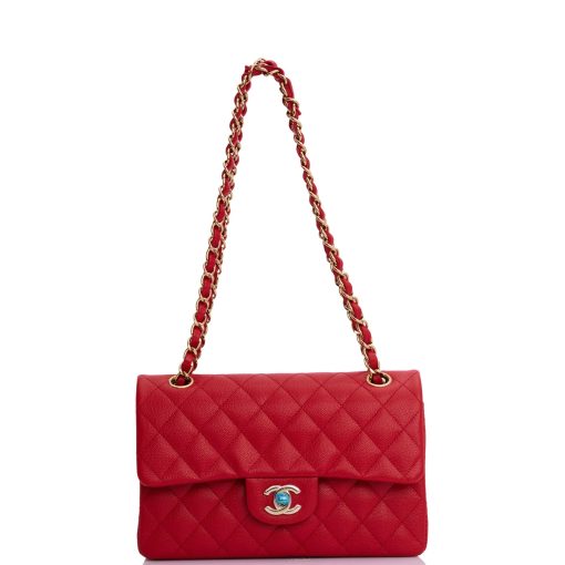Small Classic Double Flap Red Caviar Light Gold Hardware - Image 7