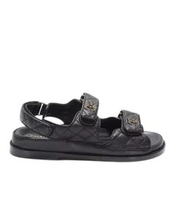 Chanel Cc Button Velcro Black Sandals Grained Calfskin Leather